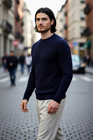 Erkek Fitted Kesim Dokulu Triko Bisiklet Yaka Uzun Kollu Basic Akrilik Kazak Kış Sezonu İçin Şık Ve