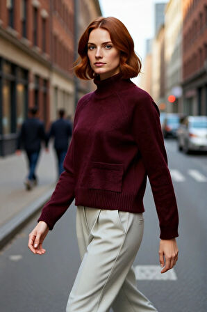 Kadın Dik Yaka Regular Kalıp Triko Kazak Cep Detaylı Uzun Reglan Kol Kış Şıklığı Sunar Kaliteli