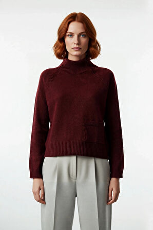 Kadın Dik Yaka Regular Kalıp Triko Kazak Cep Detaylı Uzun Reglan Kol Kış Şıklığı Sunar Kaliteli