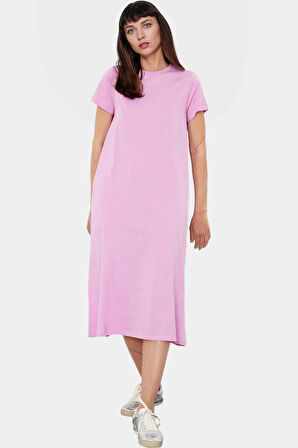 Kadın Midi Boy Örme T shirt Elbise Günlük Kullanım Konforlu Kesim Seçkin Malzeme Rahat Ve Şık