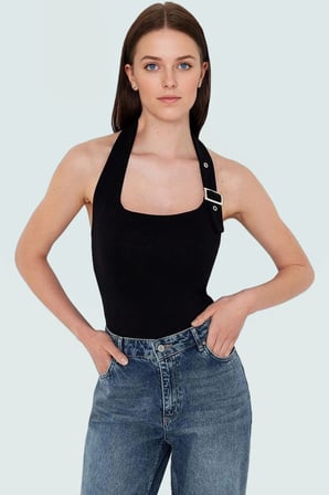 Yazlık Kadın Crop Bluz Viskon Ribana Kumaş Boyundan Bağlamalı Yaka Şık Görünüm