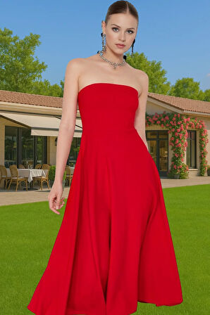 Straplez A Kesim Midi Boy Dokuma Abiye Elbise Yaz Koleksiyonu Premium Kalite Profesyonel Görünüm