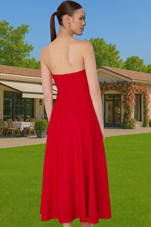 Straplez A Kesim Midi Boy Dokuma Abiye Elbise Yaz Koleksiyonu Premium Kalite Profesyonel Görünüm