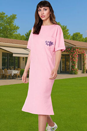 Mor Nakışlı Relaxed Rahat Bisiklet Yaka Midi Örme Elbise Uzun Ömürlü Uzun Ömürlü Şık Görünüm