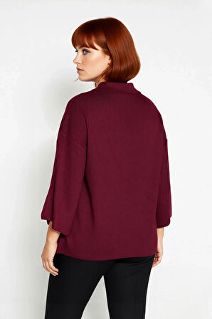 Kadın Relaxed Kalıp Polo Yaka Fermuar Detaylı Düşük Kollu Truvakar Triko Kazak Büyük Beden Rahat