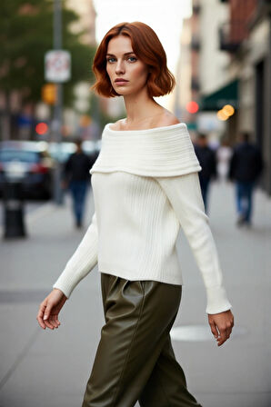 Kadın Carmen Yaka Regular Kalıp Uzun Kollu Fitilli Triko Kazak Gündüz Ve Gece Şıklığı Sunar