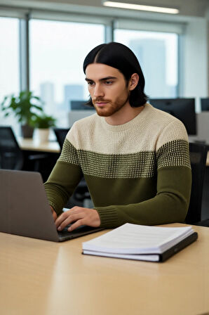 Erkek Fitted Bisiklet Yaka Uzun Kollu Renk Bloklu Akrilik Triko Kazak Günlük Şıklık İçin İdeal