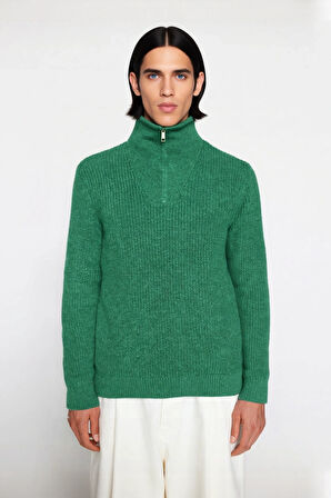 Erkek Regular Fit Fermuarlı Dik Yaka Kalın Triko Kazak Yünlü Karışım Kışlık Günlük Konfor İçin İdeal