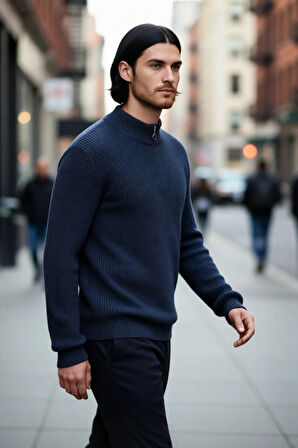 Erkek Regular Fit Düz Fermuarlı Dik Yaka Triko Kazak Kışlık Soğuk Hava Şıklığı İçin Mükemmel Seçim.