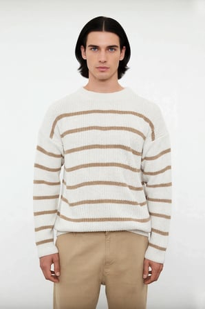 Erkek Oversize Bisiklet Yaka Çizgili Selanik Dokuma Kalın Akrilik Kışlık Kazak Konforlu Stil