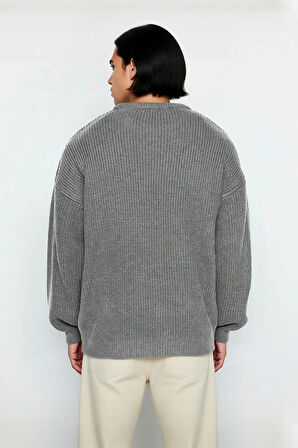 Erkek Gri Oversize Bisiklet Yaka Düz Düşük Kol Akrilik Triko Kazak Casual Tarzlara Özel Rahatlık