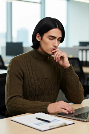 Erkek Regular Kesim Dik Yaka Uzun Kollu Fermuar Detaylı Saç Örgü Triko Kışlık Kazak Kaliteli