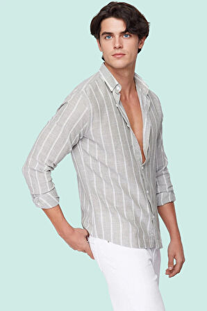 Erkek Slim Fit Çizgili Gömlek Pamuklu İş Ve Günlük Kullanım Hafta Sonu Yaz Aylarının Vazgeçilmezi