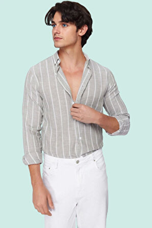 Erkek Slim Fit Çizgili Gömlek Pamuklu İş Ve Günlük Kullanım Hafta Sonu Yaz Aylarının Vazgeçilmezi