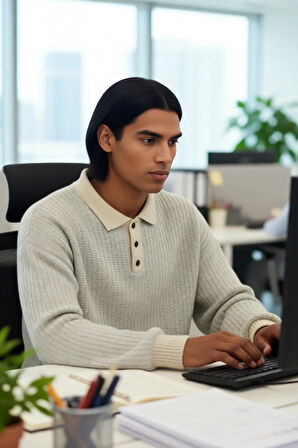 Erkek Regular Kalıp Polo Yaka Dokulu Desenli Uzun Kollu Akrilik Triko Kazak Kış Günleri İçin İdeal