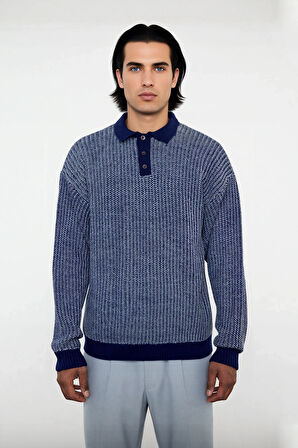 Erkek Regular Kalıp Polo Yaka Dokulu Desenli Uzun Kollu Akrilik Triko Kazak Kış Günleri İçin İdeal