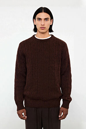 Erkek Regular Kalıp Bisiklet Yaka Dokulu Triko Kahverengi Kazak Kışlık Kombinlerin Başlangıcı