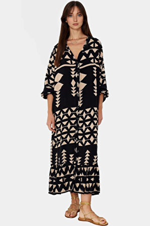 Yazlık Desenli Midi Elbise Shally Dokuma  Polyester Rahat Günlük Premium Kalite