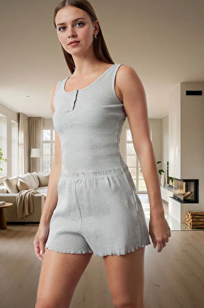 Kadın Melanj Bisiklet Yaka Pijama Takımı Rahat Yazlık Örme Kumaş Mükemmel Uyum Premium Kalite