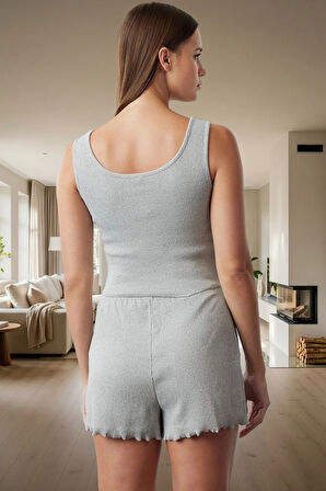 Kadın Melanj Bisiklet Yaka Pijama Takımı Rahat Yazlık Örme Kumaş Mükemmel Uyum Premium Kalite