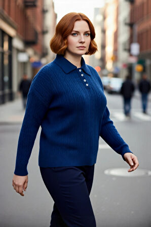 Kadın Regular Kalıp Mavi Saç Örgü Desenli Polo Yaka Düşük Kol Kalın Triko Kazak Kış İçin Harika