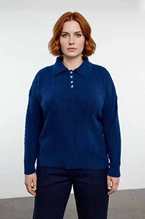 Kadın Regular Kalıp Mavi Saç Örgü Desenli Polo Yaka Düşük Kol Kalın Triko Kazak Kış İçin Harika