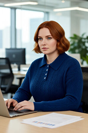 Kadın Regular Kalıp Mavi Saç Örgü Desenli Polo Yaka Düşük Kol Kalın Triko Kazak Kış İçin Harika