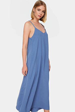 Maxi Dokuma Elbise V Yaka Shift Kalıp Polyester Yazlık Rahat Konforlu Kesim Seçkin Malzeme