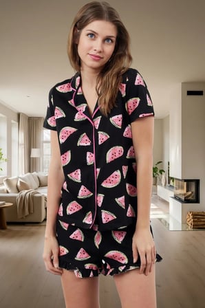 Kadın Karpuz Desenli Pamuklu Kısa Kollu Pijama Takımı Rahat Ev Giyim Seti Dayanıklı Malzeme