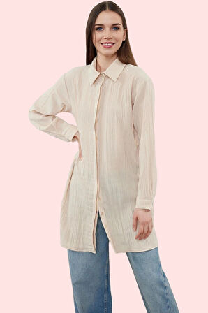 Kadın Midi Boy Keten Görünümlü Dokuma Gömlek Rahat Kalıp Günlük Kullanım Dayanıklı Malzeme