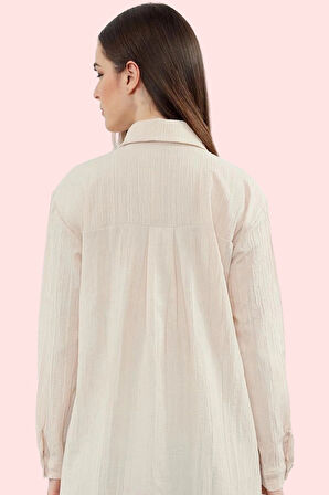 Kadın Midi Boy Keten Görünümlü Dokuma Gömlek Rahat Kalıp Günlük Kullanım Dayanıklı Malzeme