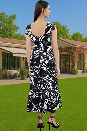 Çiçek Desenli A Kesim Midi Viskoz Elbise Büzgülü Kolsuz Yazlık Dayanıklı Malzeme Profesyonel Görünüm