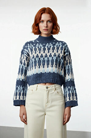 Kadın Etnik Desenli Oversize Dik Yaka Düşük Kol Kalın Crop Triko Kazak Kışlık Günlük Şıklık