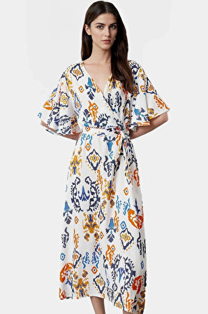 Yazlık Çok Etnik Desenli A Line Midi Elbise Şık Kuşak Detayı ile Konforlu Kesim