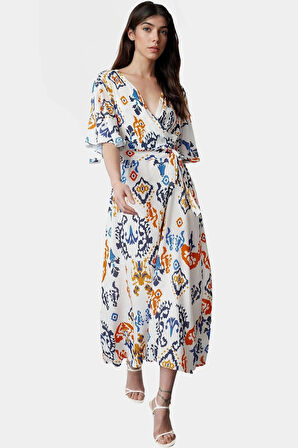 Yazlık Çok Etnik Desenli A Line Midi Elbise Şık Kuşak Detayı ile Konforlu Kesim