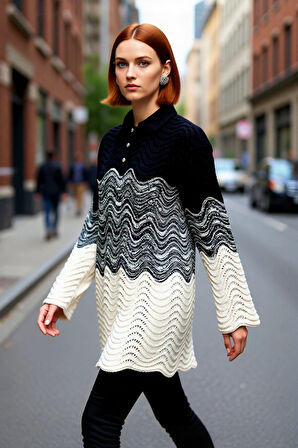 Kadın Renk Bloklu Jakar Dokuma Polo Yaka Uzun Kollu Fitted Triko Kazak Günlük Şıklık Sunar