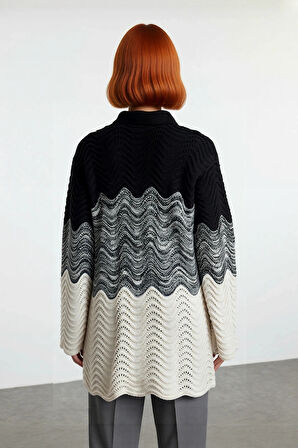 Kadın Renk Bloklu Jakar Dokuma Polo Yaka Uzun Kollu Fitted Triko Kazak Günlük Şıklık Sunar