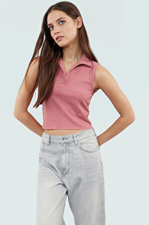 Kadın Polo Yaka Crop Örme Bluz Yazlık Rahat Kombin Trend Tasarım Uzun Ömürlü Kaliteli İşçilik