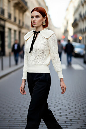 Kadın Regular Kalıp Ajurlu İnci Detaylı Fular Yaka Triko Kazak Uzun Kol Kışlık Şık Ve Modern