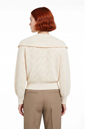 Kadın Regular Kalıp Ajurlu İnci Detaylı Fular Yaka Triko Kazak Uzun Kol Kışlık Şık Ve Modern