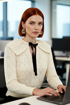 Kadın Regular Kalıp Ajurlu İnci Detaylı Fular Yaka Triko Kazak Uzun Kol Kışlık Şık Ve Modern