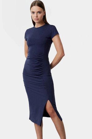 Şık Pamuklu Midi Elbise Bodycon Kalıp Büzgü Detay Yazlık Seçkin Malzeme Uzun Ömürlü