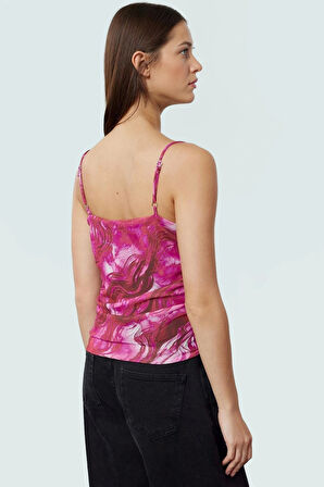 Yazlık Baskılı Crop Bluz Tül Örme Degaje Yaka Günlük Kullanım İçin Özel Tasarım Şık Görünüm