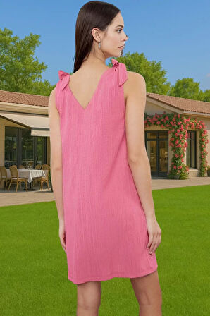 Yazlık Mini Dokuma Bağlamalı Elbise Rahat Kalıp Polyester Plaj Premium Kalite Mükemmel Uyum