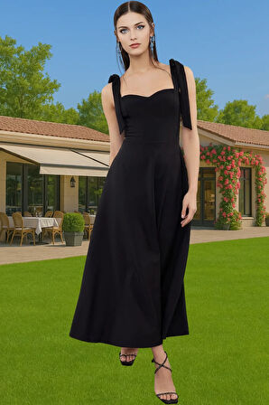 Şık A Kesim Midi Abiye Elbise Bağcıklı Askı Detaylı Dokuma Kumaş Yüksek Kalite Zarifane Tasarım