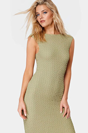 Şık Yazlık Örme Midi Elbise Bodycon Kalıp Kayık Yaka Esnek Kumaş Rahat Ve