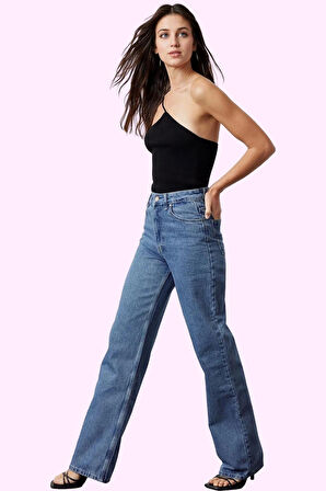 Kadın Yüksek Bel Uzun Boy Wide Leg Jean Pamuk Günlük Kombinler Hafta Sonu Kaliteli Malzeme