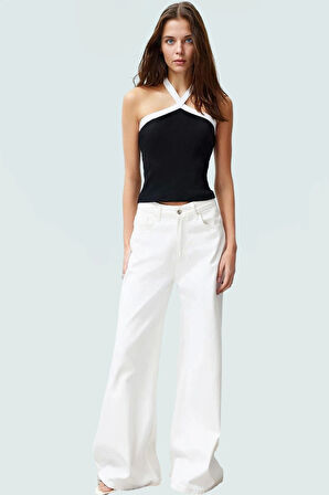 Yazlık Renk Bloklu Boyundan Bağlamalı Örme Bluz Uzun Ömürlü Premium Kalite Şık Görünüm