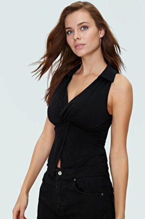 Kadın Fitted Polo Yaka Yazlık Örme Bluz Modern Stil Profesyonel Görünüm Konforlu Kesim