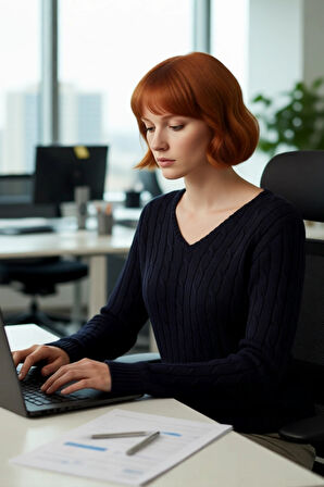 Kadın Lacivert Saç Örgü V Yaka Triko Kazak Regular Kalıp Uzun Kol Basic Günlük Şıklık Kaliteli